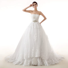 Wedding Dresses Vintage Style, White Tulle Lace Strapless With Sash Wedding Dresses