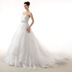 Wedding Dress Vintage Style, White Tulle Lace Strapless With Sash Wedding Dresses