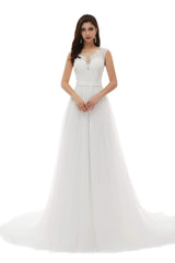 Wedding Dresses For Maids, White Tulle Scoop Neck Lace Appliques Beading Wedding Dresses
