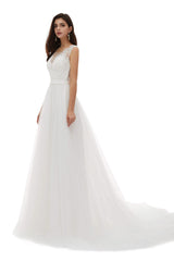 Wedding Dress Southern, White Tulle Scoop Neck Lace Appliques Beading Wedding Dresses