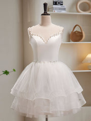 Bridesmaid Dresses 3 6 Length, White Tulle Short Prom Dresses, Cute White Puffy Homecoming Dresses