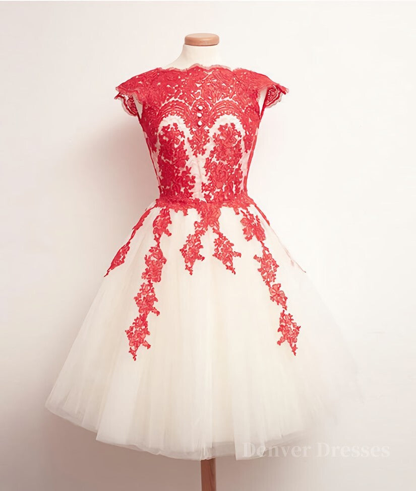 Prom Dresses Long With Sleeves, White Tulle Short Red Lace Prom Dresses, Short Red Lace Homecoming Dresses