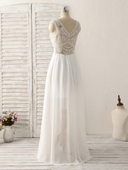 Homecoming Dresses Knee Length, White V Neck Chiffon Long Prom Dresses, White Long Evening Dresses