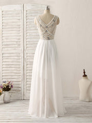 Homecomeing Dresses Bodycon, White V Neck Chiffon Long Prom Dresses, White Long Evening Dresses