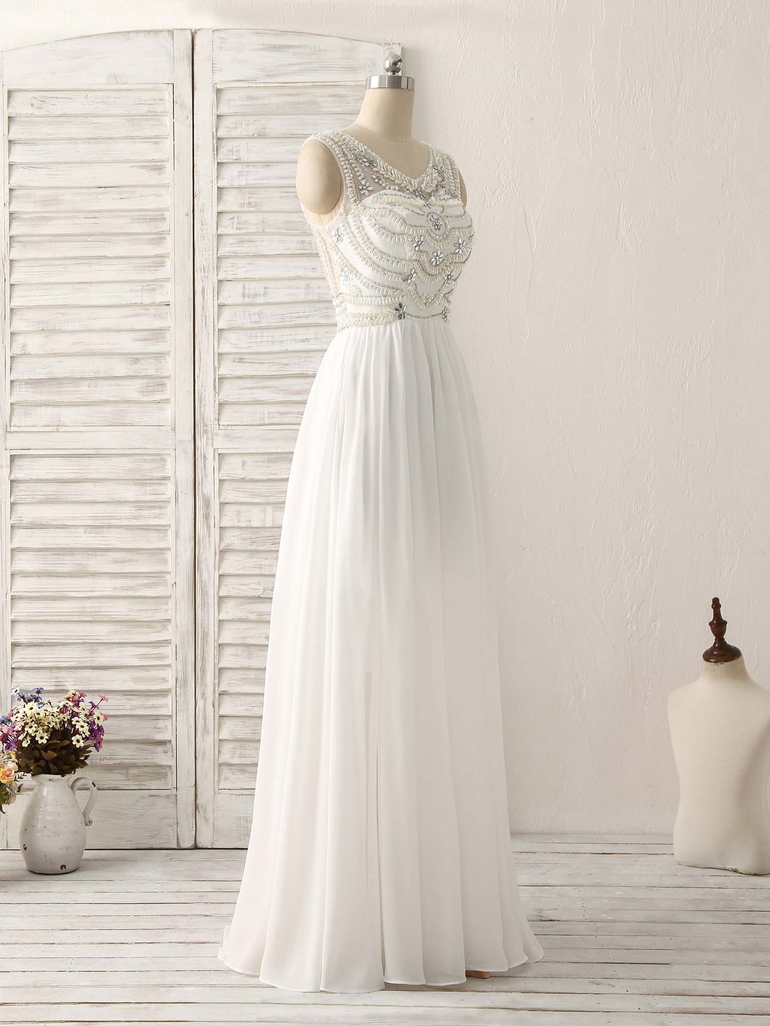 Homecomming Dresses Bodycon, White V Neck Chiffon Long Prom Dresses, White Long Evening Dresses