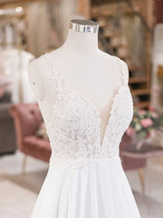 Wedding Dresses Inspired, White V Neck Lace Chiffon Long Wedding Dress, Beach Wedding Dress