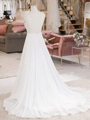 Wedding Dresses Under 1000, White V Neck Lace Chiffon Long Wedding Dress, Beach Wedding Dress
