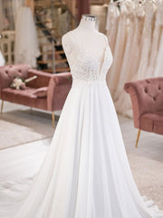 Wedding Dress Long, White V Neck Lace Chiffon Long Wedding Dress, Beach Wedding Dress