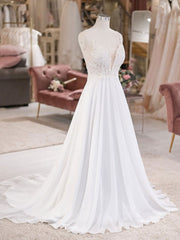 Wedding Dress Sleeves, White V Neck Lace Chiffon Long Wedding Dress, Beach Wedding Dress