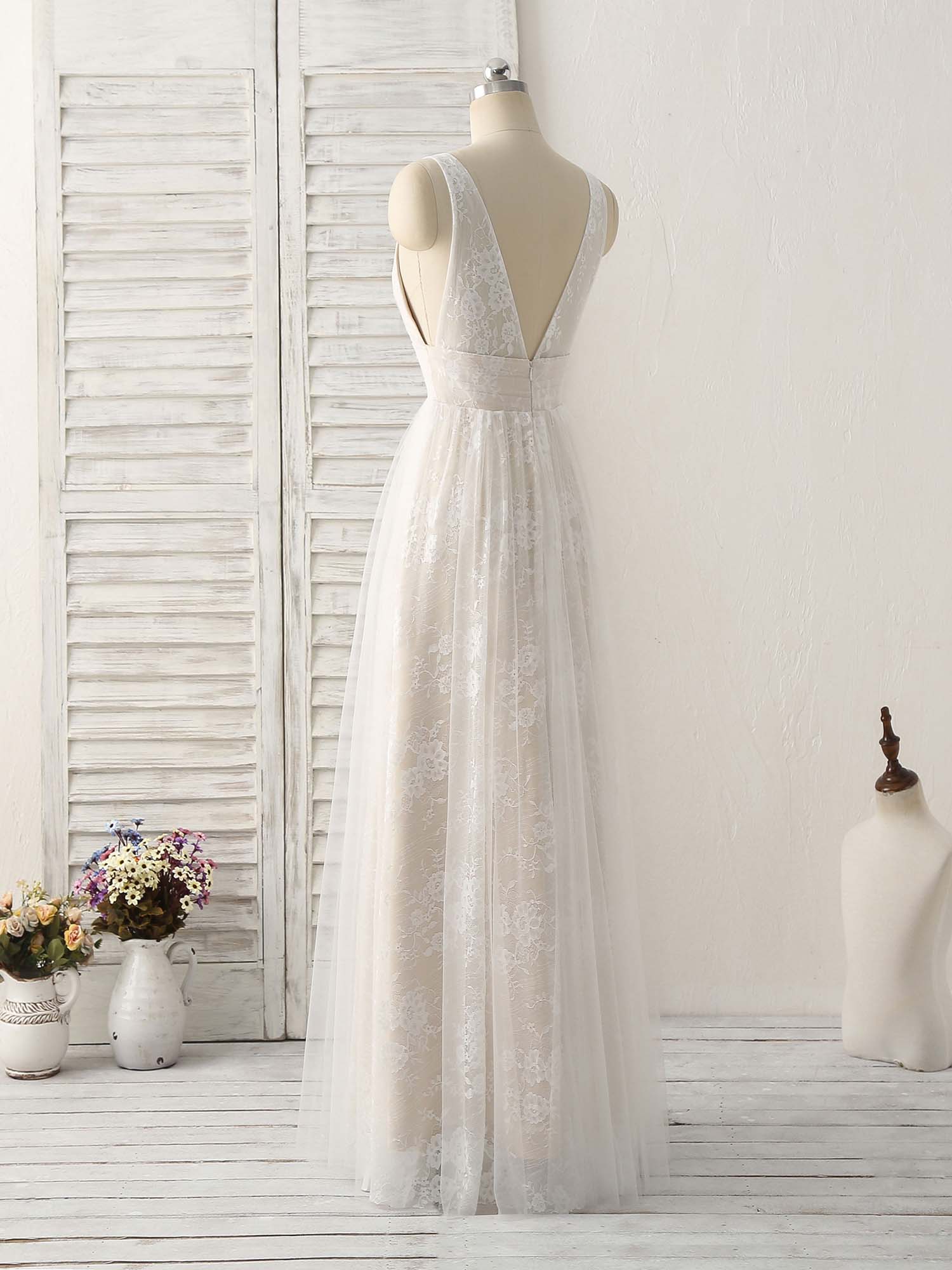 Prom Dresses For Girls, White V Neck Lace Long Prom Dress Backless Lace Evening Dress