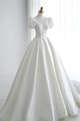 Bridesmaid Dresses Blushing Pink, White V-Neck Satin Long Prom Dress, A-Line Short Sleeve Formal Dress