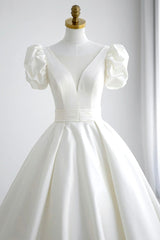 Engagement Photo, White V-Neck Satin Long Prom Dress, A-Line Short Sleeve Formal Dress