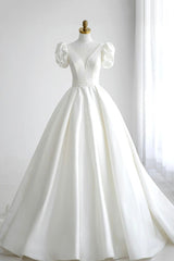 Bridesmaid Dresses Strapless, White V-Neck Satin Long Prom Dress, A-Line Short Sleeve Formal Dress