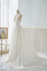 Formal Dress Winter, White V-Neck Satin Long Prom Dress, Simple A-Line Formal Dress