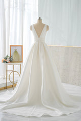 Formal Dress For Winter, White V-Neck Satin Long Prom Dress, Simple A-Line Formal Dress