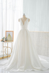Formal Dresses Winter, White V-Neck Satin Long Prom Dress, Simple A-Line Formal Dress