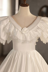 Wedding Dresses Dress, White V-Neck Satin Long Prom Dress with Lace, Wedding Dress