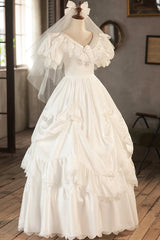 Wedding Dress Dress, White V-Neck Satin Long Prom Dress with Lace, Wedding Dress