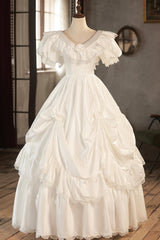 Wedding Dresses A Line, White V-Neck Satin Long Prom Dress with Lace, Wedding Dress