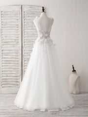 Formal Dresses Simple, White V Neck Tulle Beads Long Prom Dress White Evening Dress