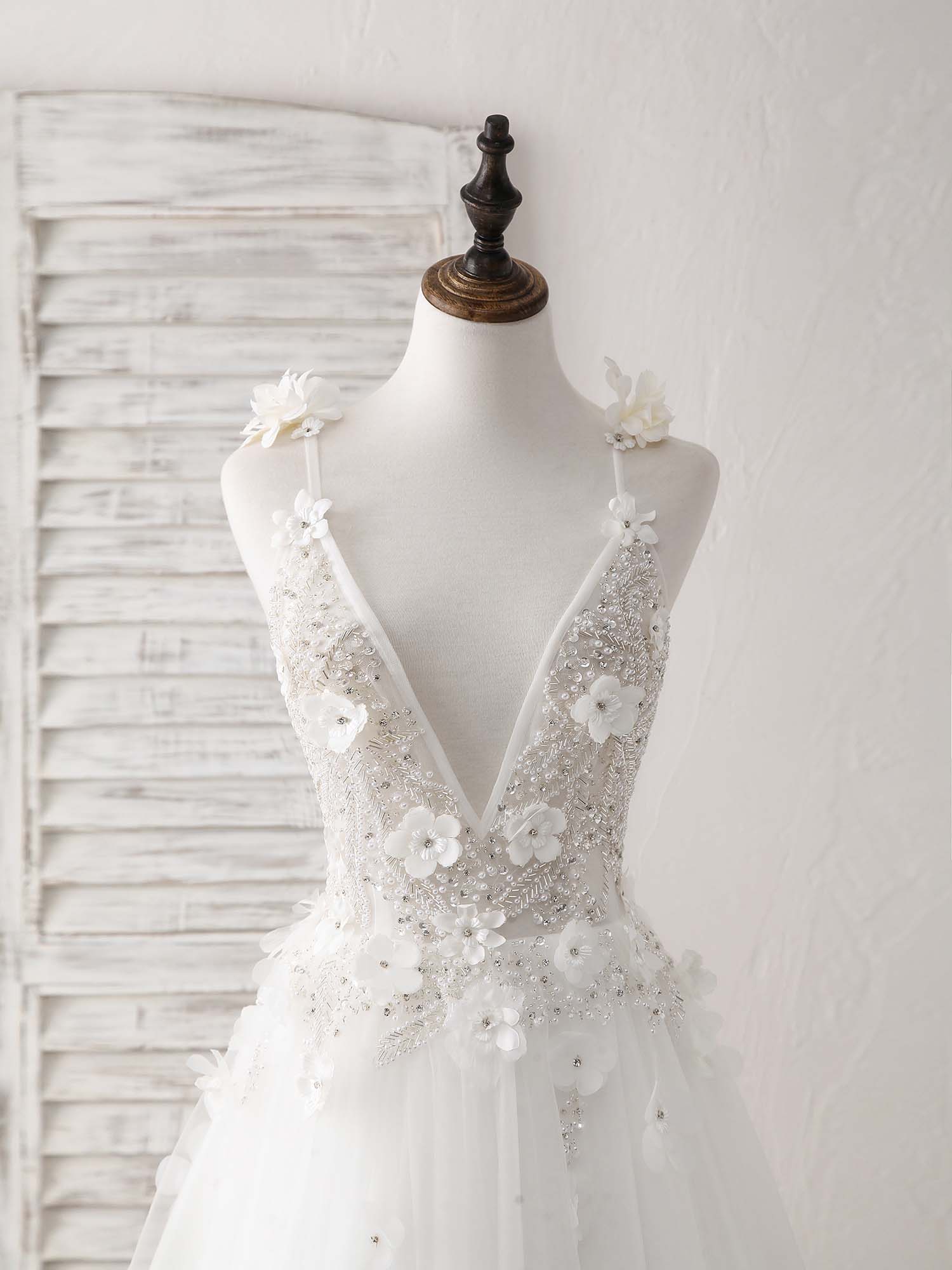 Formal Dress Simple, White V Neck Tulle Beads Long Prom Dress White Evening Dress