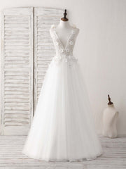 Formal Dresses Vintage, White V Neck Tulle Beads Long Prom Dress White Evening Dress