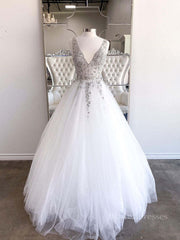 Bridesmaids Dresses Gold, White v neck tulle beads sequin long prom dress white evening dress