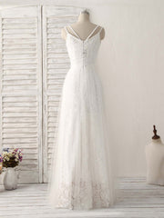 Homecomeing Dresses Black, White V Neck Tulle Lace Long Prom Dress White Evening Dress
