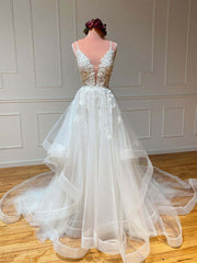 Homecoming Dress Idea, White v neck tulle lace long prom dress, white lace formal dress
