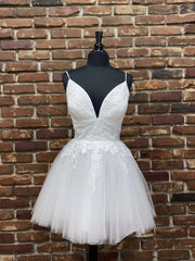 Small Wedding Ideas, White v neck tulle lace short prom dress, white homecoming dress