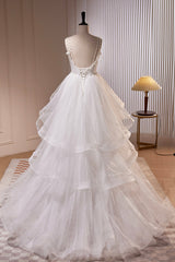Party Dress Pattern Free, White V-Neck Tulle Long Prom Dress, A-Line Evening Dress with Train