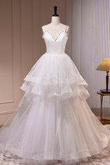 Party Dress Pattern, White V-Neck Tulle Long Prom Dress, A-Line Evening Dress with Train