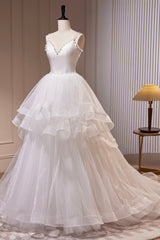 Party Dress Couple, White V-Neck Tulle Long Prom Dress, A-Line Evening Dress with Train