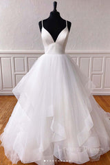 Wedding Photo, White v neck tulle long prom dress white tulle evening dress