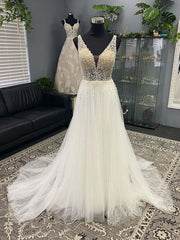 Homecoming Dresses Black, White v neck tulle sequin beads long prom dress, A line evening dress