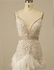 Evening Dresses 3 15 Sleeve, Gorgeous White Spaghetti Straps Beaded Homecoming Dress With Feather
