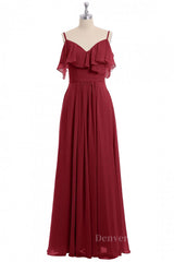 Prom Dress Lace, Wine Red Chiffon A-line Ruffles Long Bridesmaid Dress