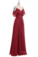Prom Dresses Long Beautiful, Wine Red Chiffon A-line Ruffles Long Bridesmaid Dress