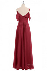 Prom Dress Long Beautiful, Wine Red Chiffon A-line Ruffles Long Bridesmaid Dress