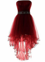 Bridesmaid Dress Fall, Wine Red Lovely High Low Tulle Homecoming Dress, Cute Party Dress
