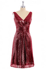 Hoco Dress, Wine Red Sequin V Neck Short Bridesmaid Dress