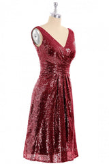 Elegant Dress, Wine Red Sequin V Neck Short Bridesmaid Dress