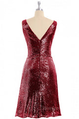 Dress Outfit, Wine Red Sequin V Neck Short Bridesmaid Dress