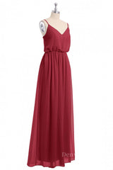 Prom Dresses Blush, Wine Red Straps Blouson Chiffon Long Bridesmaid Dress