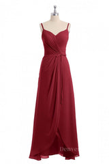 Prom Dresses For Curvy Figures, Wine Red Straps Faux Wrap Long Bridesmaid Dress