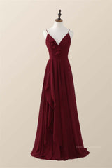 Homecoming Dress Long, Wine Red Straps Ruffle A-line Long Bridesmaid Dress