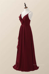 Homecomeing Dresses Long, Wine Red Straps Ruffle A-line Long Bridesmaid Dress
