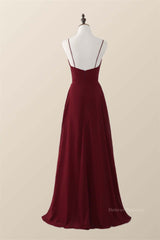 Homecomming Dresses Long, Wine Red Straps Ruffle A-line Long Bridesmaid Dress
