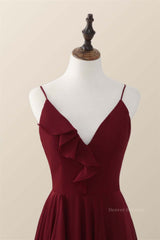 Homecomming Dress Long, Wine Red Straps Ruffle A-line Long Bridesmaid Dress