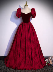 Wine Red Sweetheart Short Sleeves Long Party Dress, Wine Red Evening Dress Prom Dress
